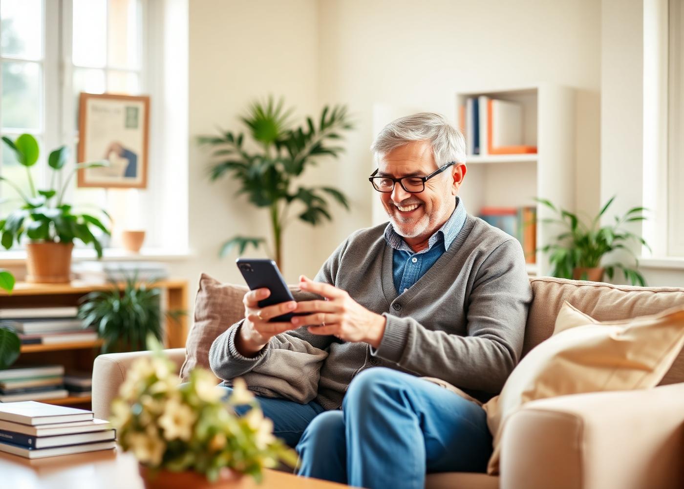 An older man being helped with a smartphone in a bright living room