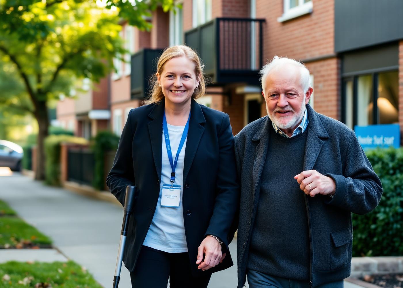 Support worker walking with an older gentleman near a housing association building